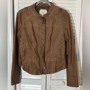 Anthropologie Hei Hei Jacket Size Large Brown Vegan Leather Lined Snap Sleeves